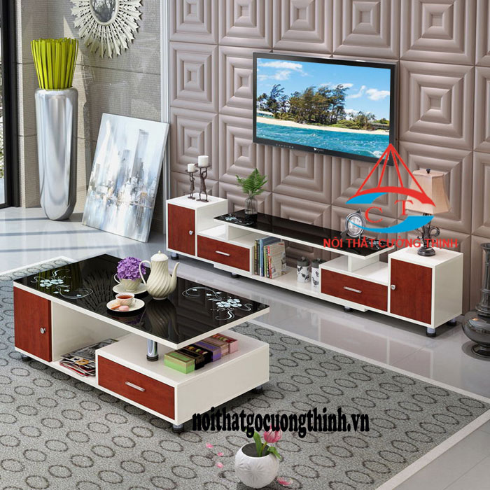 Mẫu Kệ để tivi và bàn sofa đẹp gỗ công nghiệp màu trắng phối nâu đỏ cho phòng khách hiện đại